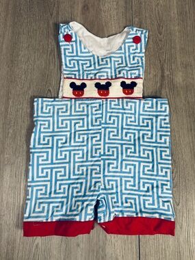 Mickey Mouse Baby Boys Smocked Sleeveless Romper Overalls Size 6-9 Months.